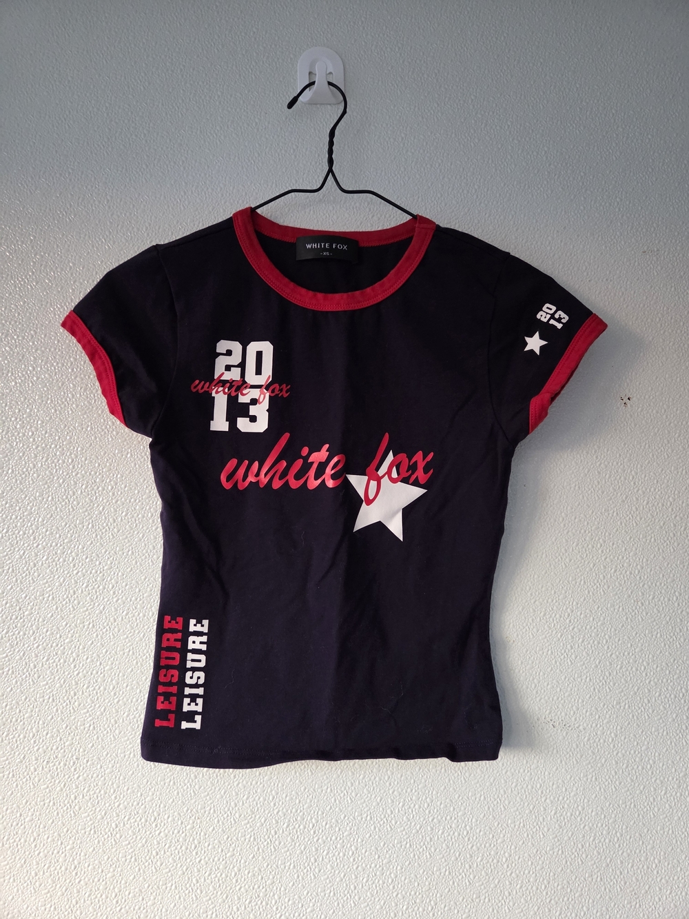 White Fox Boutique Navy Tee with Red Trim & White Graphics